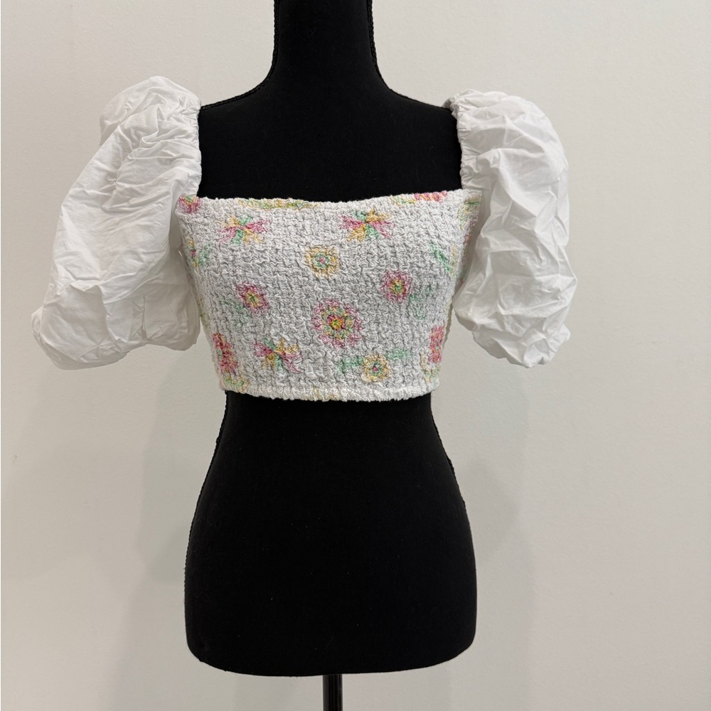 Zara White Floral Puff Sleeve Blouse